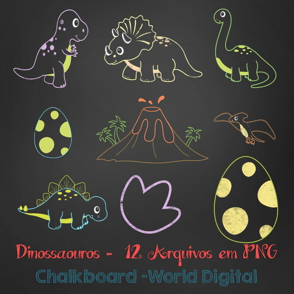 Kit Arquivo Digital em PNG Chalkboard Dinossauros
