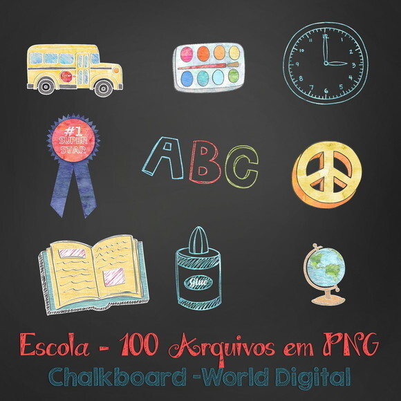 Kit Arquivo Digital em PNG Chalkboard Escola