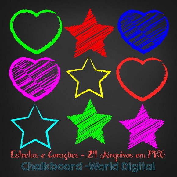 Kit Arquivo Digital em PNG Chalkboard Estrelas e Corações