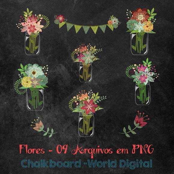Kit Arquivo Digital em PNG Chalkboard Flores