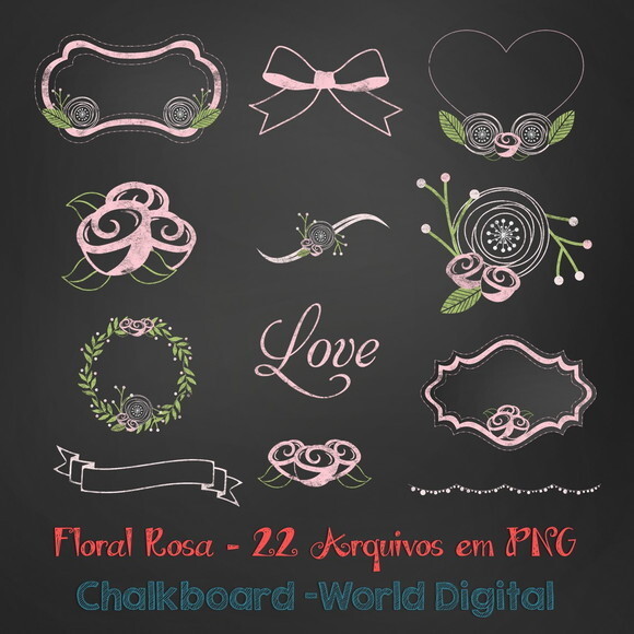 Kit Arquivo Digital em PNG Chalkboard Floral Rosa