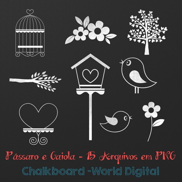 Kit Arquivo Digital em PNG Chalkboard Pássaros e Gaiolas