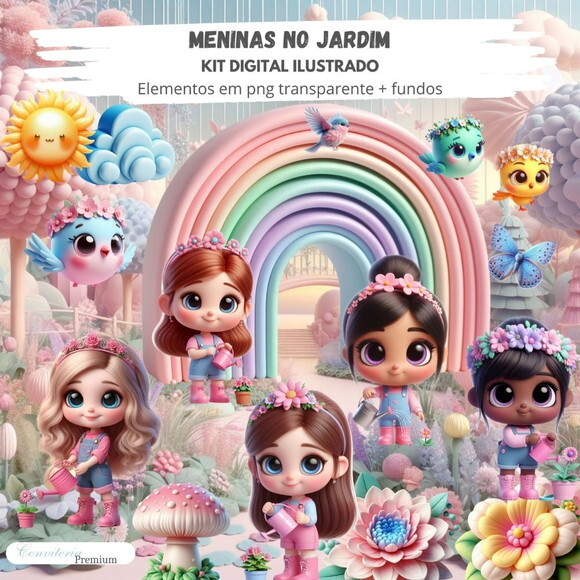 Kit Digital Completo Ia em 3d - Meninas no Jardim + 1 Brinde