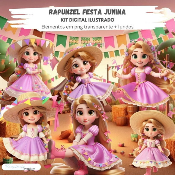 Kit Digital Completo Ia em 3d - Rapunzel Junina + 1 Brinde