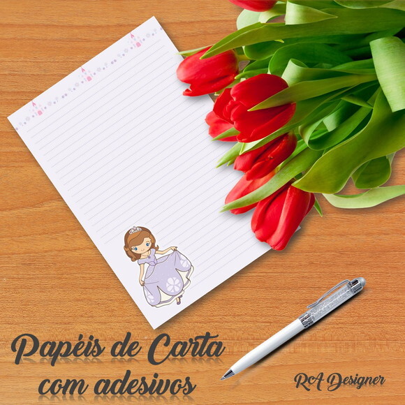 Papéis de Carta com Adesivos - ARTE DIGITAL - Princesa Sofia