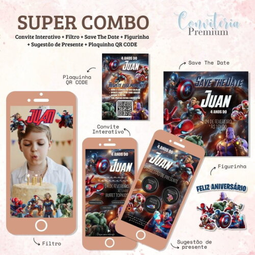 Combo Convite Interativo Premium - Avengers