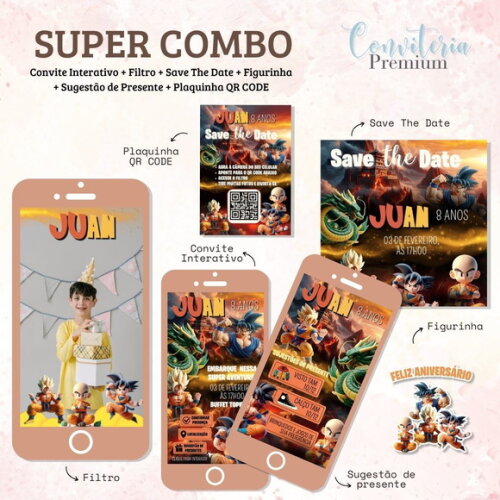 Combo Convite Interativo Premium - Dragon Ball
