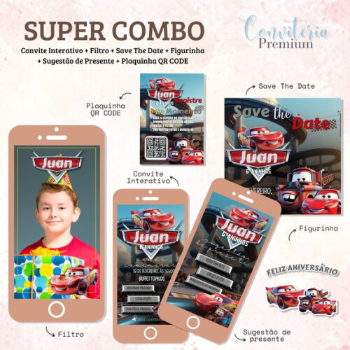 Combo Convite Interativo Premium - Carros Disney