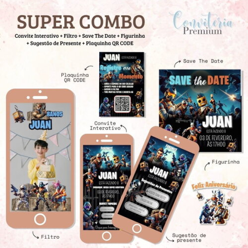 Combo Convite Interativo Premium - Fortinite