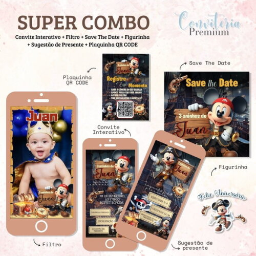 Combo Convite Interativo Premium - Mickey Mouse Pirata