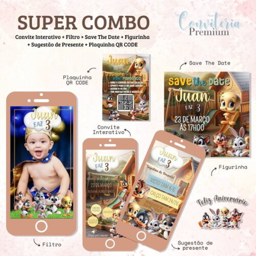 Combo Convite Interativo Premium - Loney Toones Baby