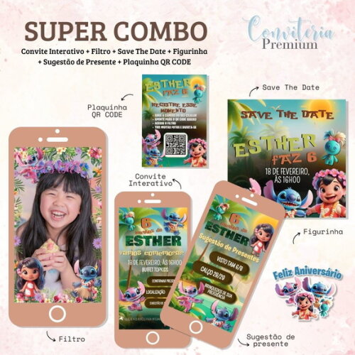 Combo Convite Interativo Premium - Lilo & Stitch
