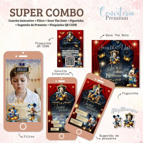 Combo Convite Interativo Premium - Mickey Mouse Realeza