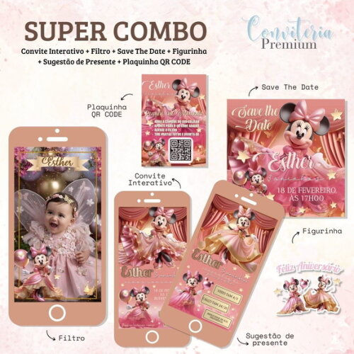 Combo Convite Interativo Premium - Minnie Mouse Rosa