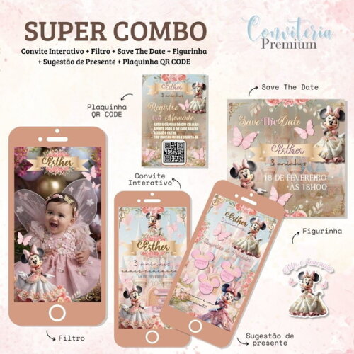 Combo Convite Interativo Premium - Minnie Magic Castel