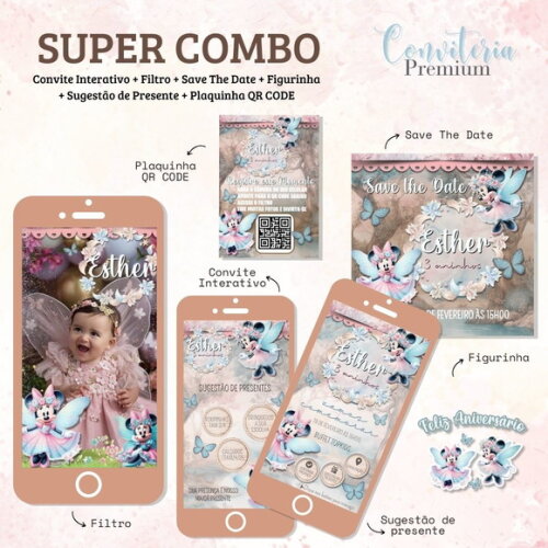 Combo Convite Interativo Premium - Minnie Jardim das Fadas
