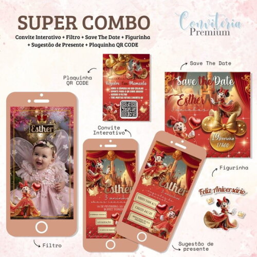Combo Convite Interativo Premium - Minnie Mouse Vermelha