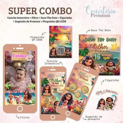 Combo Convite Interativo Premium - Moana