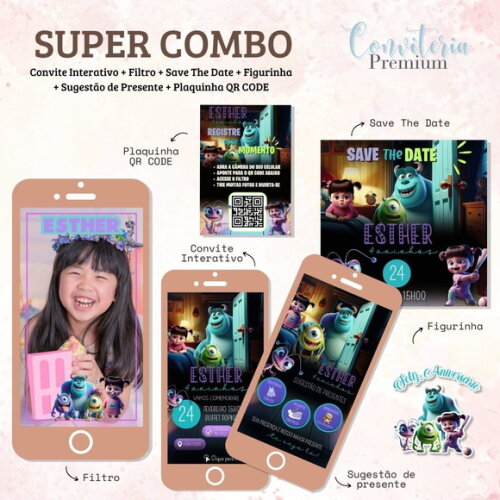 Combo Convite Interativo Premium - Monstros Sa