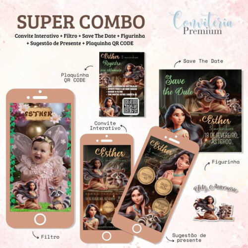 Combo Convite Interativo Premium - Pocahontas