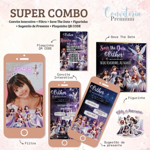 Combo Convite Interativo Premium - Princesas Disney 100 Anos