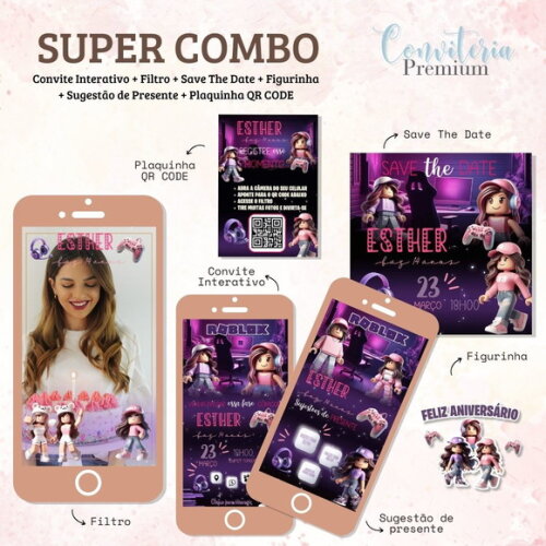 Combo Convite Interativo Premium - Roblox Menina