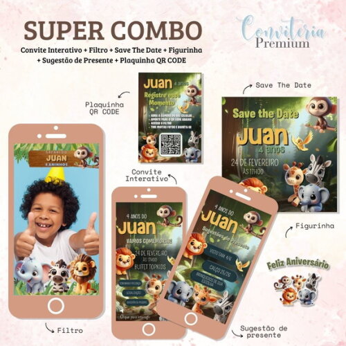 Combo Convite Interativo Premium - Safari Cute