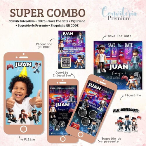 Combo Convite Interativo Premium - Roblox Menino