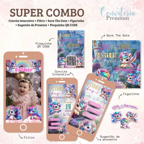 Combo Convite Interativo Premium - Unicórnio