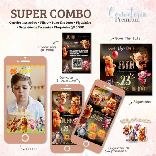 Combo Convite Interativo Premium - Ursinho Pooh