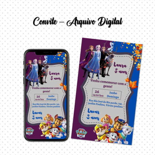 Convite Digital Aniversário Duplo Frozen e Patrulha Canina