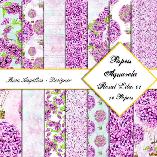 Kit Arquivo Digital - Papéis Aquarela Floral Lilás 01