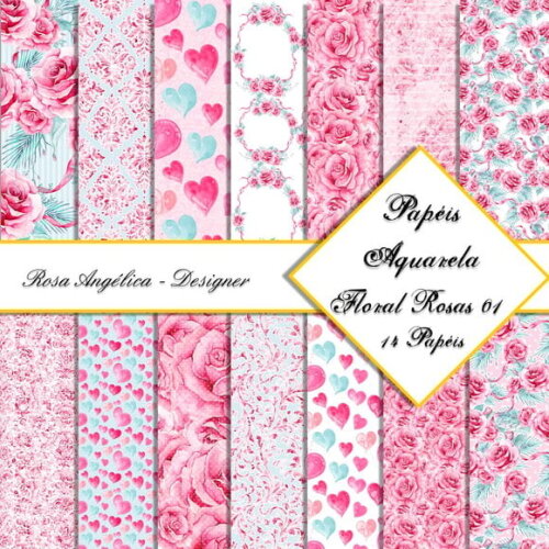 Kit Arquivo Digital - Papéis Aquarela Floral Rosas 01