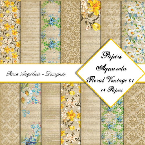 Kit Arquivo Digital Aquarela - Papéis Floral Vintage 01