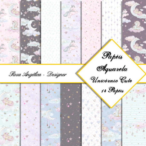 Kit Arquivo Digital Aquarela - Papéis Unicórnio Cute
