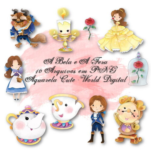 Kit Arquivo Digital em PNG Aquarela Cute A Bela e A Fera