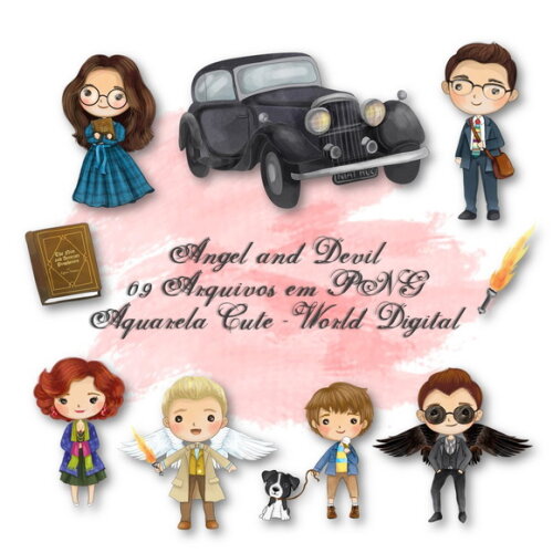 Kit Arquivo Digital em PNG Aquarela Cute Angel and Devil