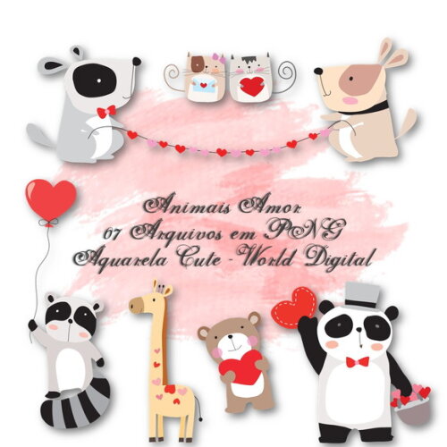 Kit Arquivo Digital em PNG Aquarela Cute Animais Amor