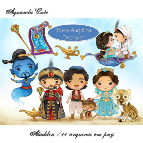 Kit Arquivo Digital em PNG Aquarela Cute Aladdin