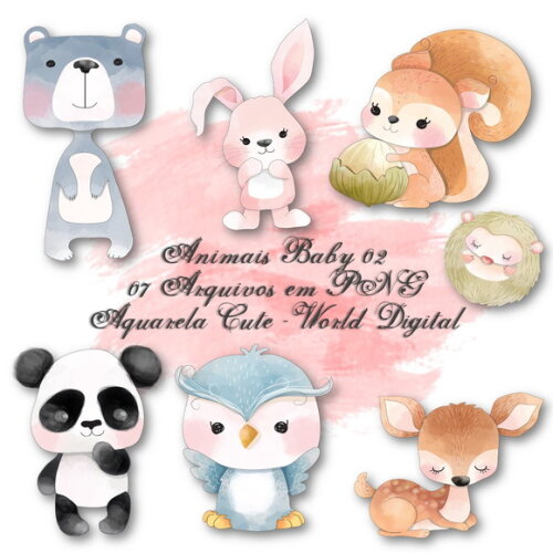 Kit Arquivo Digital em PNG Aquarela Cute Animais Baby 02