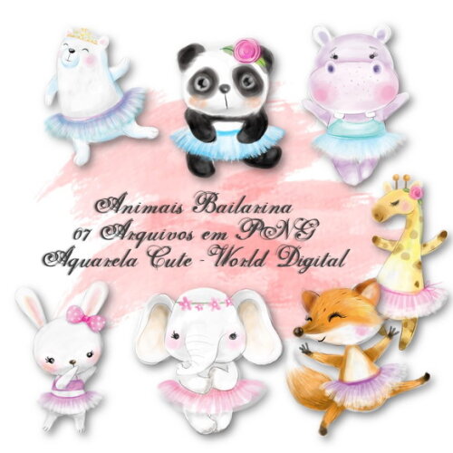 Kit Arquivo Digital em PNG Aquarela Cute Animais Bailarina