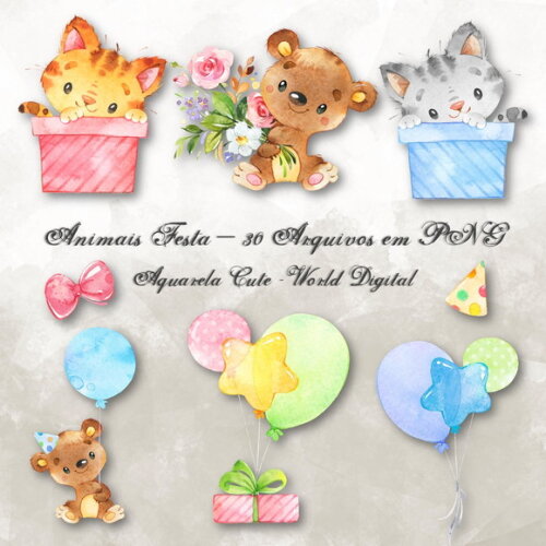 Kit Arquivo Digital em PNG Aquarela Cute Animais Festa