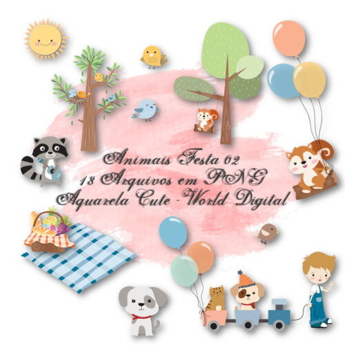 Kit Arquivo Digital em PNG Aquarela Cute Animais Festa 02