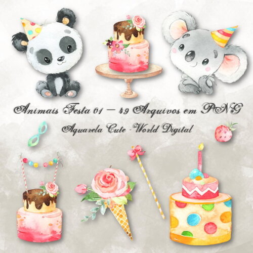 Kit Arquivo Digital em PNG Aquarela Cute Animais Festa 01