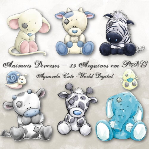 Kit Arquivo Digital em PNG Aquarela Cute Animais Diversos