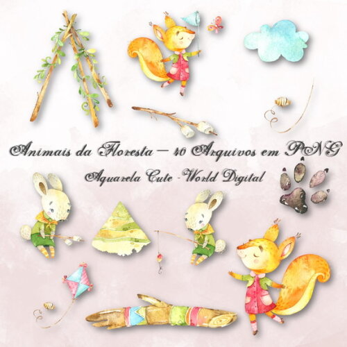 Kit Arquivo Digital em PNG Aquarela Cute Animais Floresta