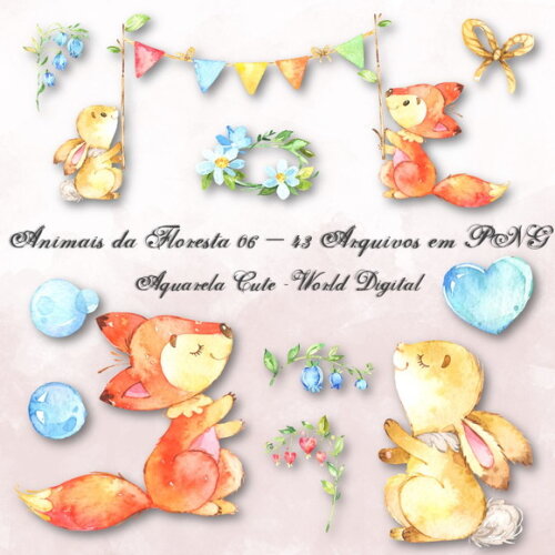Kit Arquivo Digital em PNG Aquarela Cute Animais Floresta 06