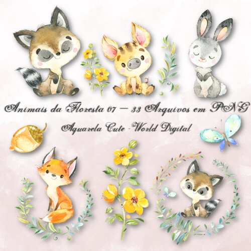 Kit Arquivo Digital em PNG Aquarela Cute Animais Floresta 07