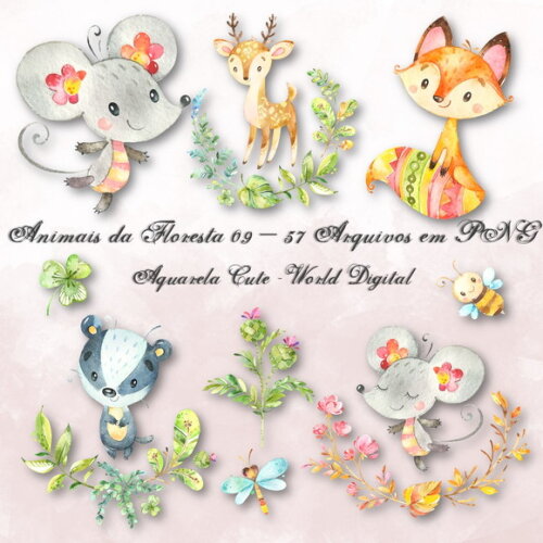 Kit Arquivo Digital em PNG Aquarela Cute Animais Floresta 09