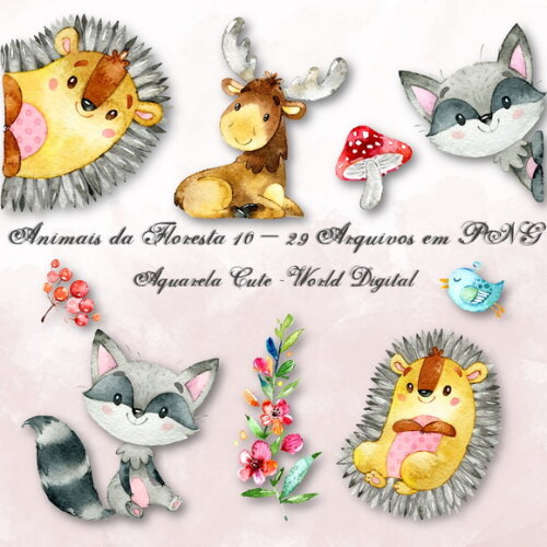 Kit Arquivo Digital em PNG Aquarela Cute Animais Floresta 10